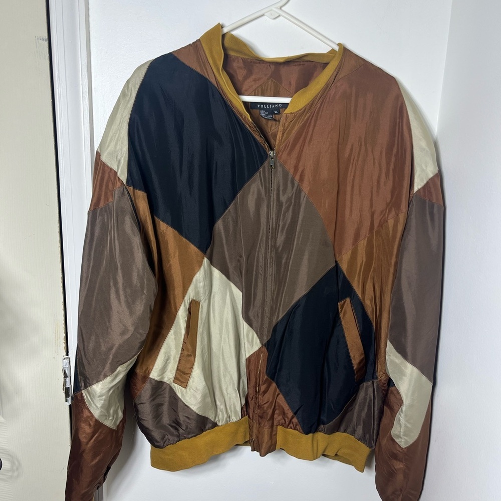 Tulliano 100% Silk Bomber Jacket XL Colorblock Brown Blue Zip Vintage